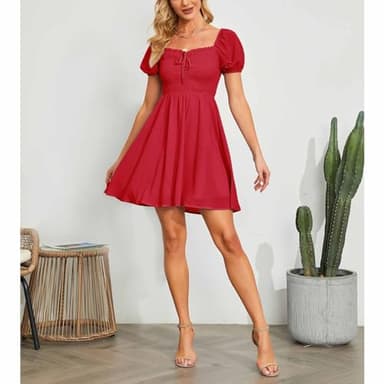 Byinns Women's Sweetheart Neckline Dress Smocked Sundress Puff Short Sleeve Drawstring Dresses Red - Image 4