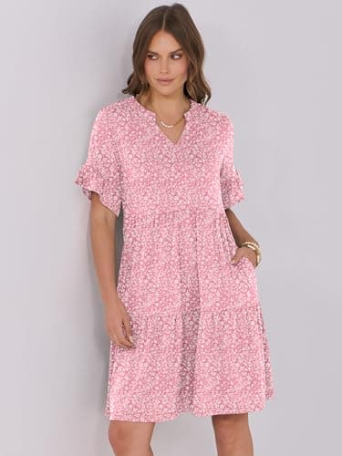 ANRABESS Womens Summer 2025 Trendy Ruffle Short Sleeve V Neck A Line Tiered Flowy Loose Casual Mini Beach Dress with Pockets Pink Floral XX-Large - Image 6