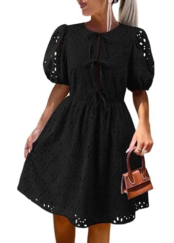 KIRUNDO Eyelet Summer Dresses for Women 2025 Short Sleeve Tie Front Babydoll A Line Wedding Guest Beach Vacation Sundress(Black, X-Large) - Image 1