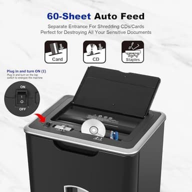 Wingwise Paper Shredder for Home Office, 60 Sheets Auto Feed, 55dB Super Quiet, P-4 Cross Cut, 2.4m/min High-Speed Shredding, 5.8 Gallon Bin, CD/Credit Card Shredder with Anti-Jam & Dual Modes - Image 2