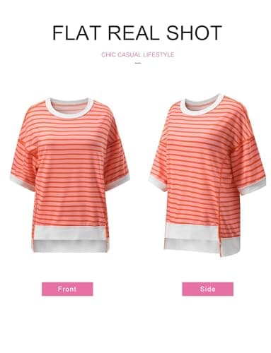 SHEWIN Womens T Shirts Crewneck Short Sleeve Summer Tops Loose Color Block Sweatshirt Knitted Top Blouses Dressy Casual Fall Tops for Women Trendy Orange Stripe S - Image 5