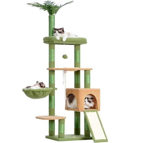 Heybly Cat Tree,Cat Tower for Indoor Cats, 65.4 inches Cat Condo with Perches, Basket, Feeding Bowl Station, Multi-Level Plush Furniture with Scratching Posts, Green and Yellow HCT015GY - Image 1
