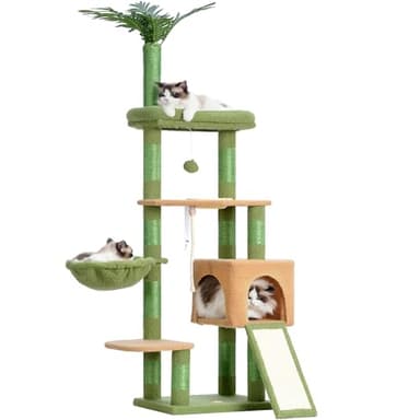 Heybly Cat Tree,Cat Tower for Indoor Cats, 65.4 inches Cat Condo with Perches, Basket, Feeding Bowl Station, Multi-Level Plush Furniture with Scratching Posts, Green and Yellow HCT015GY - Image 1