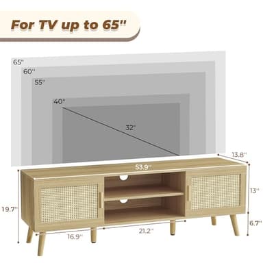 SUPERJARE Boho TV Stand for 65 Inch TV, Entertainment Center with Adjustable Shelf, Rattan TV Console with 2 Cabinets, Media Console, Solid Wood Feet, 4 Cord Holes, for Living Room - Natural - Image 3