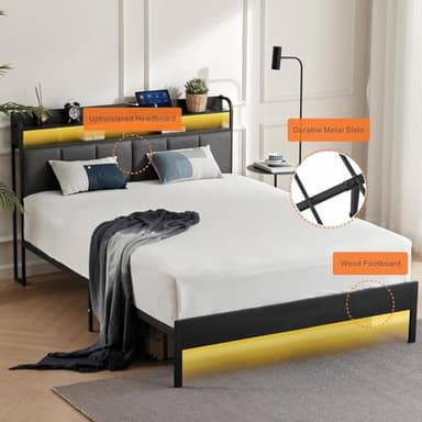 Z-hom Upholstered King Size Bed Frame, Upgraded King Bed Frame with LED Lights Headboard & Footboard, King Platform Bed Frames Bedroom Furniture with Charging Station & Storage Shelves, Noise Free - Image 6