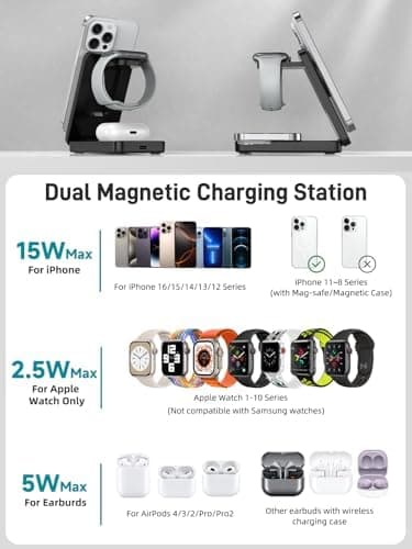 Wireless Charger for Apple Charging Station, Dual MagSafe Charger for iPhone 17/17 Pro/17 Pro/iPhone 16 Pro Max//AirPods, 3 in 1 Foldable iPhone Charging Station, Watch Charger for Apple iWatch Series - Image 4