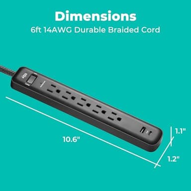 KMC 5-Outlet Surge Protector Power Strip, 1 USB-A & 1 USB-C Port, 840J Surge Protectors, 6ft Braided Extension Cord, Flat Plug, Black Power Strip Surge Protector, ETL/UL Certified Power Strips, Black - Image 3
