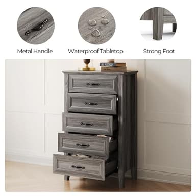 LINSY HOME Farmhouse 5-Drawer Dresser - Grey Chest of Drawers for Bedroom and Living Room Organization, Wood Dresser with Ample Storage Space and Rustic Charm - Image 6