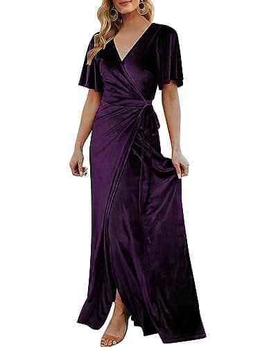 CYiNu Women's Wrap Velvet Maxi Dress V Neck Bell Sleeve Split Elegant Cocktail Party Dress(Purple,S) - Image 1