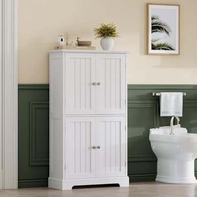 ChooChoo Bathroom Floor Cabinet, Modern Bathroom Storage Cabinet with 4 Doors and Adjustable Shelves, Freestanding Cupboard for Living Room, White - Image 2