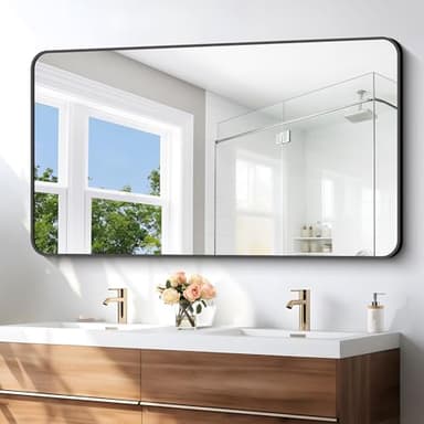 30x55 inch Bathroom Mirror,Black Rectangle Mirror,Wall Mounted Bathroom Frame Vanity Mirror with Round Corner for Bedroom Living Room, Entryway Hangs Horizontal or Vertical - Image 2
