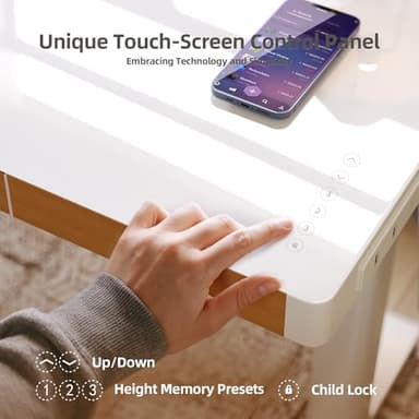 Claiks Touch Screen Glass Standing Desk with Drawers and USB Ports, 48×24 Inch Adjustable Stand Up Desk, Quick Install Home Office Glass Top Computer Desks, White - Image 4