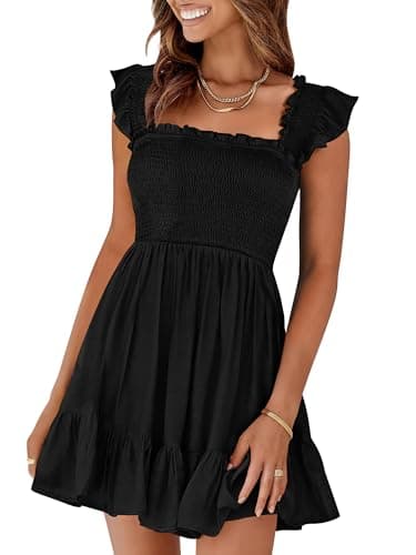 Prinbara Womens Summer Casual Square Neck Smocked Short Sundress 2025 Spring Beach Vacation Flowy Cute Teen Boho Dresses Black Small - Image 1