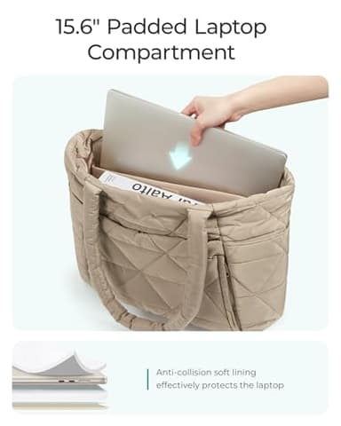 BAGSMART Tote Bag for Women, Puffy Tote Bag with Zipper, Large Quilted Shoulder Bag with Compartments for Travel, Work, Gym (Grayish Brown) - Image 7