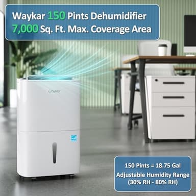 Waykar 150 Pints 2025 Energy Star Dehumidifier with Pump for Spaces up to 7,000 Sq. Ft at Commercial and Industrial Large Room, Warehouse, Home, Basement, with Drain Hose, Auto Defrost, Self-Drying - Image 2