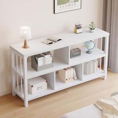 IBF White Wood Bookshelf, Industrial Horizontal Cubby Book Shelf, Low Open Shelf Bookcase for Office Living Room, Modern Short Wide 5 Cube Storage Organizer for Books Display Bedroom, White Oak, 47 In - Image 4