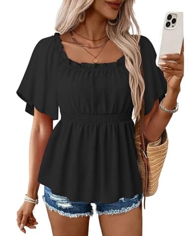 Bebonnie Off The Shoulder Tops: Blouses for Women Dressy Casual - Work Tops for Women Trendy - Ladies Trendy Cute Summer Spring Short Sleeve Polyester Blouse Flowy Peplum Tunics Black L - Image 2