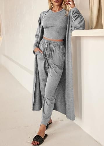 KIRUNDO 3 Piece Lounge Sets for Women Airplane Travel Outfits 2025 Fall Cardigan Sleeveless Top Pants Sets Matching Clothing(Light Grey, Medium) - Image 4