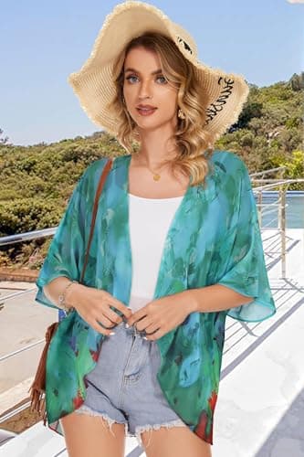 Womens Short Cardigans Casual Oversized Open Front Kimono Tops Bathings Suit Cover-ups (Teal Blue Print, 3XL) - Image 6