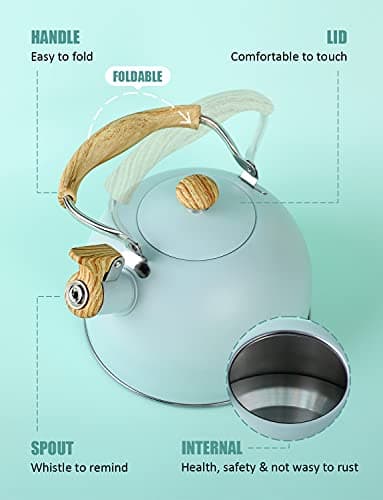 Tea Kettle, BELANKO 85 OZ / 2.5 Liter Whistling Tea Kettle, Tea Pots for Stove Top Food Grade Stainless Steel with Wood Pattern Folding Handle, Loud Whistle Kettle for Tea, Coffee, Milk - Turquoise - Image 4