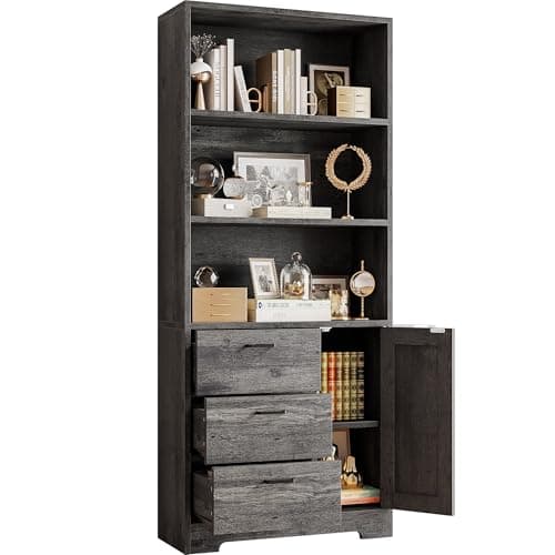 IRONCK Bookshelf with Door and 3 Drawers, 71in Tall Bookcase Shelf with 3-Tier Shelves, for Bedroom Living Room Entrance Hallway Home Office - Image 1
