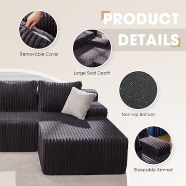 Hobestluk 96” Modular Sectional Sofa Couches L-Shape Couch 3 Seat Modular Sofa Memory Foam Sectional Couches for Living Room, Cloud Couch with Oversized Chaise (Grey, Stripe (Right Facing Chaise)) - Image 7