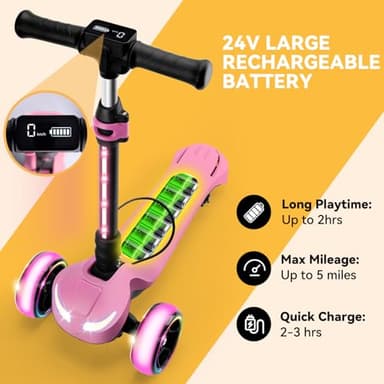 24V Electric Scooter for Kids w/150W Powerful Motor, Thumb Throttle, LCD Screen, Bluetooth, Light-Up Stem Deck & Wheels, 3 Adjustable Heights, 5MPH Safe Speed, 3 Wheel Electric Scooter for Kids, Pink - Image 3