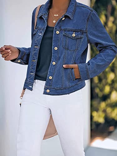 luvamia Women's Casual Basic Button Down Stretch Regular Fit Long Sleeves Denim Jean Jacket Womens Bomber Jacket Spring Jackets For Women 2024 Nightfall Blue Size Large Fits Size 12 / Size 14 - Image 5