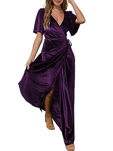 CYiNu Women's Wrap Velvet Maxi Dress V Neck Bell Sleeve Split Elegant Cocktail Party Dress(Purple,S) - Image 2