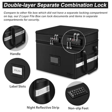 ETRONIK Fireproof Document Box with Lock, 2 Layer File Cabinet Organizer with 5 Tab Inserts, Portable Office Collapsible File Storage with Reflective Strip for Hanging Letter, Legal Size Folder - Image 7