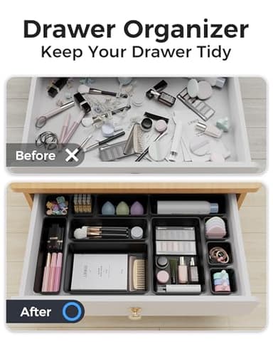 BiuLeon 25 PCS Plastic Drawer Organizers Set, 4-Sizes Vanity and Makeup Organizer, Desk and bathroom Drawer Organizer Trays, Organizers and Storage for Makeup, Jewelry, Gadgets, Utensils (Black) - Image 4