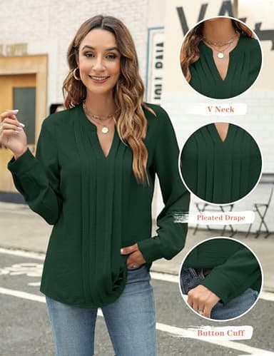 Blooming Jelly Women's Dressy Casual Blouses Business Work Chiffon Tops Trendy Long Sleeve V Neck Pleated Shirts 2025 Fall Outfits (Dark Green,Large) - Image 2
