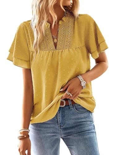 Falechay Plus Size Tops for Women Dressy Casual Short Sleeves Going Out Womens Blouses V Neck Ruffle Sleeve Summer Shirts Tunic Business Cute Swiss Dot Boho Top Bohemian Flowy Shirt Yellow 2XL - Image 1