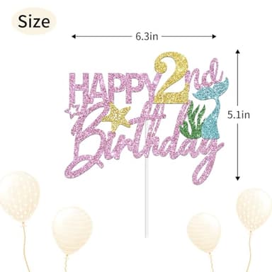 YHEZXUN Mermaid Happy 2nd Birthday Cake Topper, Pink Glitter Mermaid Two Cake Decoration Ocean Theme for Girl 2 Years Old Birthday Party Cake Decor - Image 3