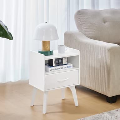 YUFAM Wooden Night Stand,Mid Century Modern Nightstand,Side Tables with Fabric Drawers and Open Storage Shelf,Bedside Table with Wood Legs,End Table for Bedroom,Sitting Room and Small Spaces (White) - Image 5