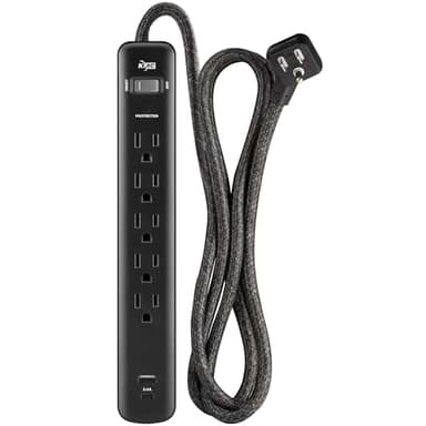 KMC 5-Outlet Surge Protector Power Strip, 1 USB-A & 1 USB-C Port, 840J Surge Protectors, 6ft Braided Extension Cord, Flat Plug, Black Power Strip Surge Protector, ETL/UL Certified Power Strips, Black - Image 1
