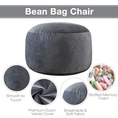 Large Bean Bag Chair for Adults/Kids with Filling, 3 ft Memory Foam Bean Bag Chairs with Filler Included, Ultra Soft Dutch Velvet Fabric, Bean Bag for Living Room - 3 Foot,Dark Gray - Image 4