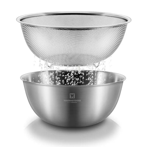 WAGENSTEIGER Stainless Steel Mixing Bowl and 3-Legged Colander Set, Multipurpose Kitchen Basket with Fine Mesh Colander, Salad Mixing Bowl with Strainer, Rinsing Vegetables & Fruits (22cm / 8.66") - Image 1