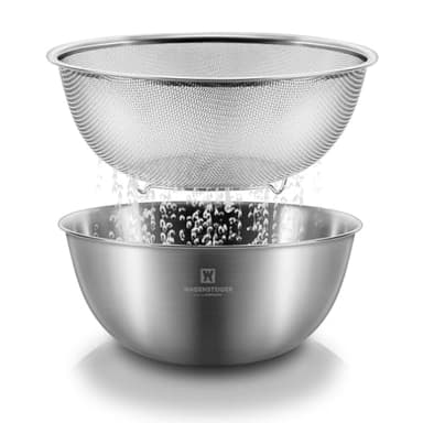 WAGENSTEIGER Stainless Steel Mixing Bowl and 3-Legged Colander Set, Multipurpose Kitchen Basket with Fine Mesh Colander, Salad Mixing Bowl with Strainer, Rinsing Vegetables & Fruits (22cm / 8.66") - Image 1