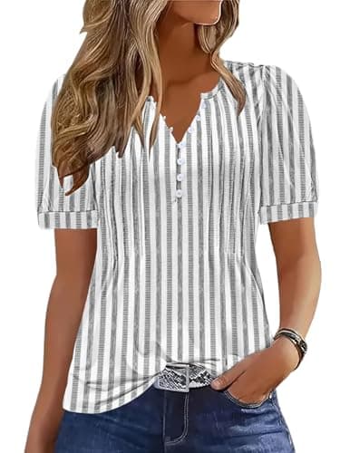 ETCYY Womens Shirts Dressy Casual Short Sleeve 2025 Summer Tops Spring V Neck Button Down Pleated Ladies Tunic Blouses,Striped Black,Medium - Image 1