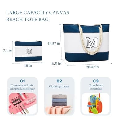 Becokan Initial Beach Bag Waterproof Canvas Beach Tote Bag Zipper Personalized Gifts for Women Her Birthday Travel Essentials (M, Dark Blue 2 pcs) - Image 2