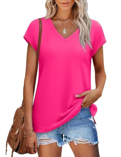 Womens Cap Sleeve Summer Tops Trendy Tank Tops Sleeveless V Neck Loose Fit Shirts Hot Pink XL - Image 1