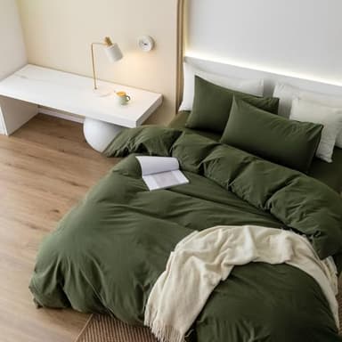 JIYUAN 100% Washed Cotton Duvet Cover Set 3 Pieces Queen, 1 Duvet Cover 90x90 Inches(Comforter Not Included) and 2 Pillowcases,Linen Feel Bedding Set Comfy and Breathable,Olive Green - Image 5
