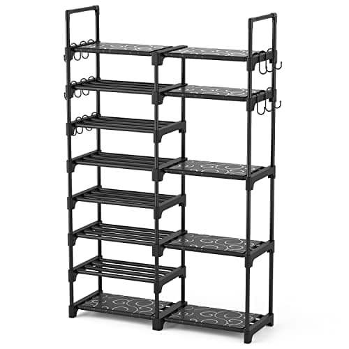 ROJASOP Shoe Rack Organizer, 8-Tier Metal Shoe Rack for Closet Entryway Garage, 26-32 Pairs Tall Shoe Boot Storage Shelf with 15 Hooks, Stackable Large Shoe Stand - Image 1