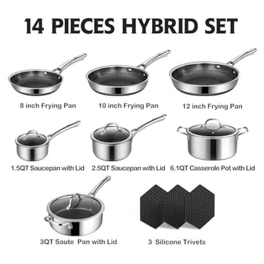 SNOWCLAD Pots and Pans Set Non Stick, 14 Pcs Hybrid Stainless Steel Cookware Sets, Non Stick Frying Pans, Saucepans, Saute Pan & Stock Pot, PFOA Free Kitchen Skillet,Induction Compatible - Image 4