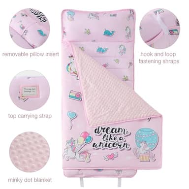 beeweed Toddler Nap Mat, Rollup Design Kid Sleeping Mat with Removable Pillow & Minky Blanket, Toddler Sleeping Bag for Daycare Preschool Travel Camping, Pink Unicorn - Image 2