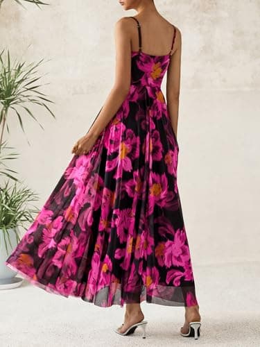 BTFBM Women Summer Floral Maxi Dresses Elegant Spaghetti Strap Dress Printed Party Dress Beach Long Dresses(Floral Black Rose Red,X-Large) - Image 3