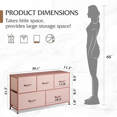 WLIVE Dresser for Bedroom with 5 Drawers, Wide Chest of Drawers, Fabric Dresser, Storage Organization Unit with Fabric Bins for Closet, Living Room, Hallway, Pink and Rose Gold - Image 3