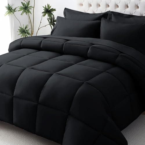 JOLLYVOGUE California King Comforter Set, Ultra-Soft Bed in a Bag Cal King Size 7 Pieces, Oeko-TEX Certified Bedding Set with Down Alternative Comforter, Sheets, Pillowcases & Shams, Black - Image 1