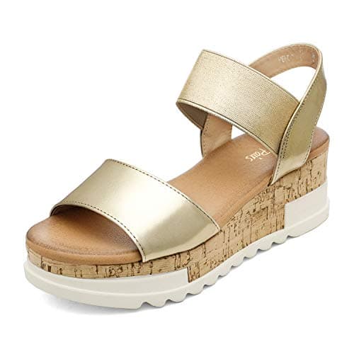 DREAM PAIRS Womens Open Toe Elastic Strap Casual Flatform Platform Sandals,Size 8,Gold-2,Reed-2 - Image 1